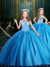 Sophisticated Halter Top Sleeveless Tulle Floor Length Lace Up Toddler Flower Girl Dress in Aqua Blue for with Beading and Sequins