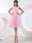 Bateau Baby Pink Prom Dress With Ruched Bodice