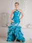 Teal Mermaid One Shoulder Ruch and Appliques Prom Dress High-low Organza