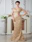 Champagne Column V-neck Lace and Embroidery Mother Of The Bride Dress Brush Train Satin