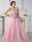 Baby Pink Prom Dress Column Strapless Appliques Brush Train Tulle