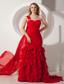 Red Mermaid Watteau Ruffles Prom Dress One Shoulder Train Chiffon