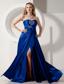 Royal Blue Column Strapless Prom Dress Elatic Wove Satin Beading Brush Train