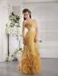 Gold Column Strapless Floor-length Orangza Lace and Hand Flowers Prom / Graduation Dress
