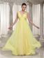 Light Yellow V-neck Chiffon Long Prom Dress 2013 Party Style