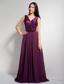 Dark Purple A-line V-neck Brush Train Taffeta and Chiffon Hand Made Flower Prom Dress