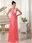 Watermelon With Halter Top Prom Dress Ruched Decorate Waist Elastic Woven Satin