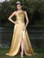 High Slit Gold Prom Dress In Formal Party With One Shoulder Beaded Decorate