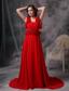 Red A-line Square Court Train Chiffon Beading and Hand Made Flowers Prom Dress