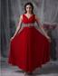 Red Empire V-neck Ankle-length Chiffon Beading Prom / Evening Dress