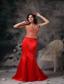 Red Mermaid Straps Brush Train Satin Beading Prom Dress
