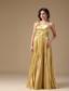 Gold Empire One Shoulder Floor-length Elastic Wove Satin Hand Made Flowers and Pleat Prom Dress