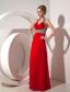 Red Column Halter Ankle-length Taffeta Beading Prom Dress
