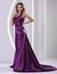 Eggplant Purple One Shoulder Evening / Prom Dress With Ruch and Appliques Court Train Elastic Woven Satin