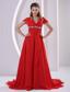 Red Beaded A-line V-neck Chiffon 2013 Prom / Evening Dress With Cap Sleeves Court Train