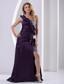 Dark Purple High Slit One Shoulder Ruched Bodice and Bead Decorate Prom Dress Party Style