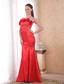 Red Mermaid Strapless Court Train Satin Hand Made Flower Prom Dress