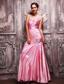 Rose Pink Column One Shoulder Floor-length Taffeta Beading and Ruch Prom Dress