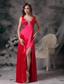 Coral Red Column V-neck Floor-length Elastic Wove Satin Beading and Ruch Prom Dress