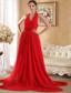 Red Column / Sheath Halter Court Train Chiffon Hand Made Flowers and Ruch Prom / Evening Dress