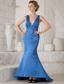 Blue Mermiad V-neck Brush Train Elastic Wove Satin Ruch Prom / Evening Dress