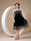 Black A-line Strapless Tea-length Organza Embroidery Prom Dress