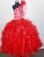 Red One Shoulder Little Girl Pageant Dresses With Hand Made Flowers and Ruffled Layers