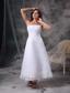 White Column Strapless Tea-length Satin Beading and Ruch Wedding Dress