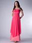 Red and Watermenlon Column Strapless Ankle-length Chiffon and Satin Ruch Bridesmaid Dress