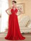 Red Empire Scoop Court Train Chiffon Beading Prom Dress