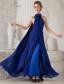 Blue Column Halter Watteau Train Chiffon Ruch Prom / Evening Dress