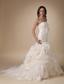 Beautiful A-line Strapless Chapel Train Satin and Organza Appliques and Hand Made Flowers Wedding Dress