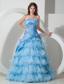 Affordable Baby Blue A-line Strapless Hand Flowers Prom Dress Floor-length Organza