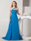 Blue A-line One Shoulder Brush Train Chiffon Beading Prom Dress