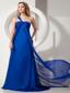 Royal Blue A-line One Shoulder Brush Train Satin and Chiffon Ruch Prom / Evening Dress
