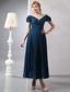 Elegant Navy Blue Homecoming Dress Column V-neck Ankle-length Chiffon and Organza Beading