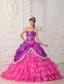 Hot Pink Ball Gown Strapless Floor-length Organza and Taffeta Lace and Appliques Quinceanera Dress