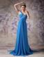 Blue Empire / Princess One Shoulder Brush Train Chiffon Beading Prom Dress