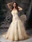 Champagne A-Line / Princess Strapless Brush Train Organza Embroidery Prom Dress