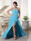 Aqua Blue High Slit Prom Party Dress With Beading Decorated Sweetheart and Ruch Brush Train Chiffon and Elastic Woven Satin