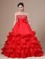 Beaded Decorate Strapless Hand Made Flower Ruffled Layers Red Floor-length 2013 Prom / Evening Dress