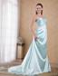 Light Blue Empire One Shoulder Brush /Sweep Elastic Woven Satin Beading Prom Dress
