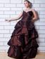 Brown A-line Straps Floor-length Taffeta Beading Prom Dress
