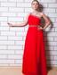 Red Empire One Shoulder Floor-length Chiffon Beading Prom Dress
