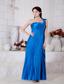 Blue Empire One Shoulder Tea-length Taffeta Pleat Prom / Homecoming Dress