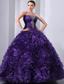 Purple A-Line / Princess Strapless Floor-length Organza Beading and Hand Made Flowers Quinceanea Dress