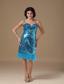 Blue Column Straps Knee-length Sequin Beading Prom Dress