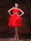 Red Feather Tulle Beaded Decorate Waist A-line Customize Short Prom Gowns With Strapless For 2013