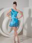 Aqua Blue Column One Shoulder Mini-length Taffeta Hand Made Flowers Prom / Homecoming Dress