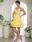 Light Yellow V-neck Prom Cocktail Dress With Beaded Decorate Mini-length In Oregon